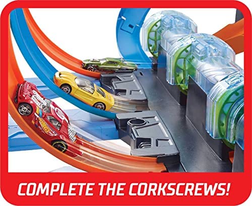 Hot Wheels Corkscrew Crash Track, 3 Motorized Speed Boosters, 3 Crazy Corkscrew Loop 14-inches High, 3 Crash Zones, Vehicle Storage, Ages 5+, FTB65 - Image 4