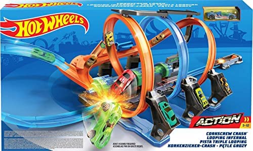 Hot Wheels Corkscrew Crash Track, 3 Motorized Speed Boosters, 3 Crazy Corkscrew Loop 14-inches High, 3 Crash Zones, Vehicle Storage, Ages 5+, FTB65 - Image 6