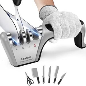 longzon Knife Sharpener, Professional 4 Stage Manual Sharpener for Sharpening Kitchen Knives and Scissors with Cut Protection Gloves for Chef and Home- Gray