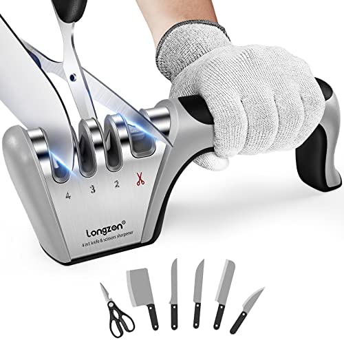 longzon Knife Sharpener, Professional 4 Stage Manual Sharpener for Sharpening Kitchen Knives and Scissors with Cut Protection Gloves for Chef and Home- Gray