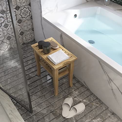 SMIBUY Bamboo Shower Bench, 2-Tier Wood Spa Bath Organizer Stool, Corner Bathroom Chair & Seat with Storage Shelf for Indoor Outdoor(Natural) - Image 9
