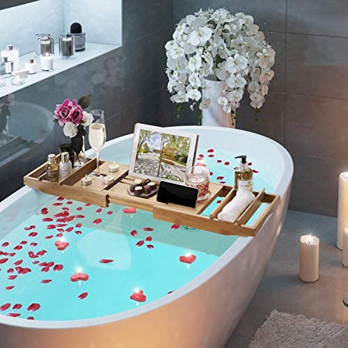 Bamboo Over Bath Bridge Tub Caddy Tray – Wood Bathtub Rack Bath Shelf with Soap Dish and Pumice Stone - Image 4