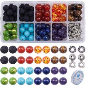 SUNNYCLUE 200pcs+ 6mm Natural 7 Chakra Lava Stone Beads Round Loose Beads Kit Spacer Beads with Crystal Strings for Essential Oil Jewellery Making