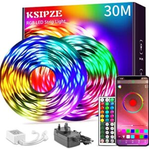 Ksipze 30m Led Strip Lights(2 Rolls of 15m) RGB Music Sync Color Changing, Led Lights with Smart App Control Remote, Led Lights for Bedroom Lighting Flexible Home Decoration (30 Meter)