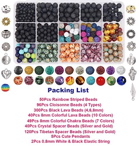 EuTengHao 702Pcs Lava Beads Stone Rock Beads Rainbow Striped Beads Kit with Chakra Beads Cloisonne Beads Spacer Beads Bracelet String Cord for Diffuser Essential Oils Adult Jewelry Making Supplies - Image 2