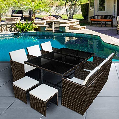 Panana Rattan Garden Furniture Set 10 Seater Dining Table and Padded Chairs Stool Outdoor Patio and Conservatory Brown - Image 2
