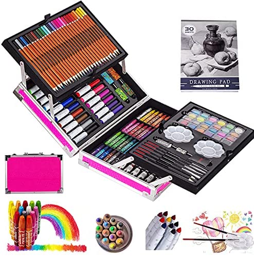 Art Set for Kids, KINSPORY 139PCS Art Kits for Kids, Deluxe Painting Aluminum Box Art Set, Coloring Drawing Art Supplies Case Gift for Artists Teens Adults Boys Girls 4 5 6 7 8 9 10 11 12 (Pink)