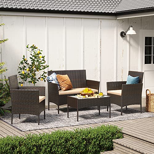SONGMICS Garden Furniture Sets, Polyrattan Outdoor Patio Furniture, Conservatory PE Wicker Furniture, for Patio Balcony Backyard, Brown and Taupe GGF002K01 - Image 4