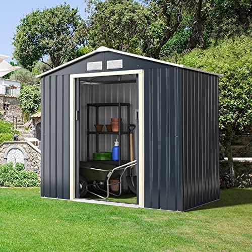 COSTWAY 4’x7’/6’x9’ Metal Storage Shed, Outdoor Lockable Tool Storage Box with 4 Vents, Double Sliding Door and Sloped Roof, Weatherproof Garden Shed House Hut (4 X 7 FT) - Image 8