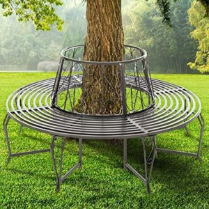 BIRCHTREE Outdoor Garden Tree Bench Round Circular Steel Patio Wrap Seat Chair Vintage Antique Retro Backyard Park Furniture Grey GTB01
