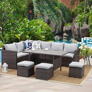 Wisteria Lane 10PC Rattan Garden Furniture Set, 9-Seater Outdoor Furniture, Patio Conservatory Sets, Wicker Corner Sofa Couch Lounge with Dining Table, Ottoman, Cushions, Backyard, Deck, Porch, Grey