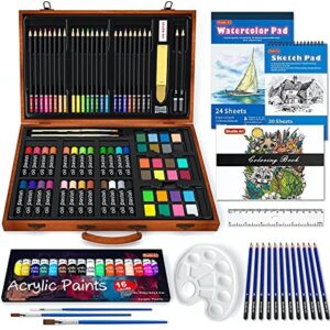 118 Piece Deluxe Art Set, Shuttle Art Art Supplies in Wooden Case, Painting Drawing Art Kit with Acrylic Paint Pencils Oil Pastels Watercolour Cakes Colouring Book Sketch Pad for Kids Adults