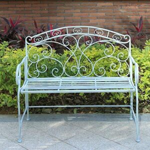 GlamHaus Metal Garden Bench Seat Patio Furniture Foldable Antique Blue Beautiful Shabby Chic Handmade Vintage (Metal Genoa)