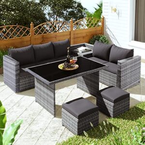 Merax Rattan Corner Sofa Set 7-seater with Corner Storage Box, Garden Furniture Set Dining Table and 2 Stool Inc.Seat- and Back Cushions (7-seater)