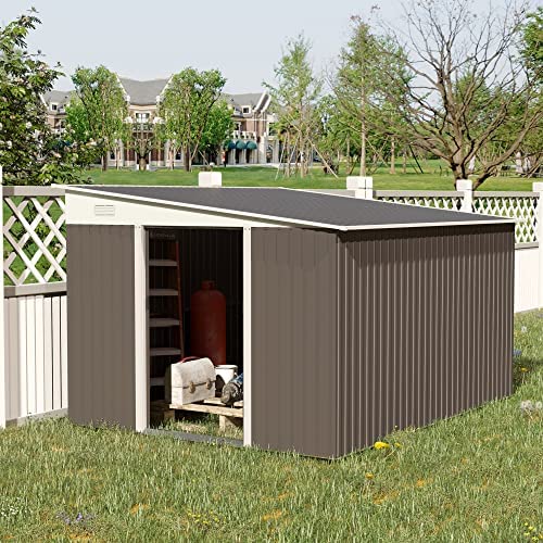 Outsunny 11.3 x 9.2ft Steel Garden Storage Shed Outdoor Metal Tool House with Double Sliding Doors & 2 Air Vents, Grey - Image 2