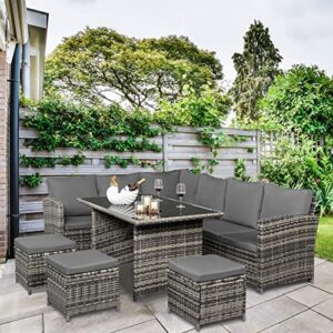Bonnlo 9 Seater Rattan Dining Set with Protective Cover, Rattan Garden Furniture Set Outdoor Furniture Wicker Patio Dining Table and Chair Set with Glass Top and Soft Cushions (Grey)