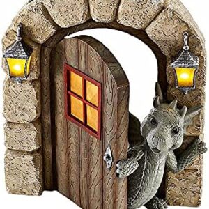Miniature Fairy Doors Ornaments, Waterproof Eco-friendly Garden Dinosaur Open Door Statues Mystical Fake Glow Lantern Sculptures for Yard Lawn Art Decoration,20 x 15cm