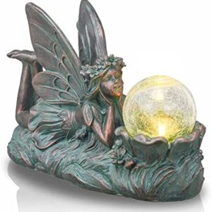 TERESA'S COLLECTIONS Large Bronze Fairy Garden Ornaments Outdoor with Solar Lights, Waterproof Resin Angel Garden Statue Figurine with Crackle Glass Ball for Patio Lawn Yard Decoration 12.8inch