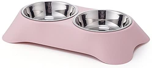 Fuwok Double Dog Bowl,Non Slip Stainless Steel Double Bowl with Non-spill For Small Dogs and Cats (S, Pink)