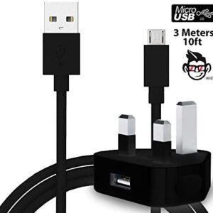 3 Pin UK 1000 mAh USB Mains Charger Adapter with USB 2.0 Micro USB SYNC & CHARGE Connect Tangle Proof Cable (3 Meters) For Amazon Kindle FIRE HD 7" Tablet - BLACK