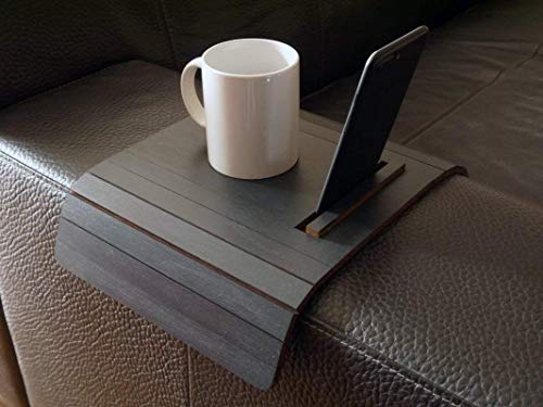 Wooden flexible sofa table for armrest with smartphone and tablet stand in many colors as stone grey Small slinky over the couch side tables Narrow folding dining settee arm tray Armchair trays server - Image 8