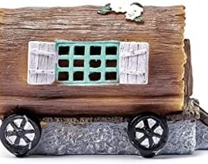 Solar garden decor Small fairy house pixie Log on Wheels outdoor ornament home