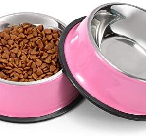 WERFORU 2 Pieces Dog Bowls, Stainless Steel Dog Cat Bowls with Non-slip Rubber Bases, Pet Bowls For Feeding Water and Food, Pink Medium Size