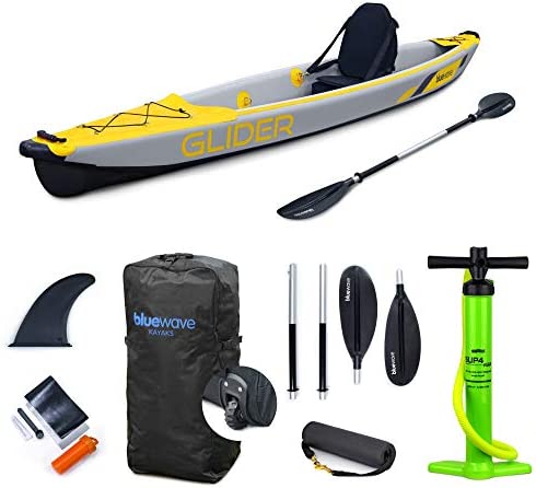 Bluewave Inflatable Kayak - Single - Complete Set Including 'Glider' 1-Person Kayak, Seat, Paddle, Fin, Storage Bag & Pump Included – High PSI – The Complete Solo Kayaking Package