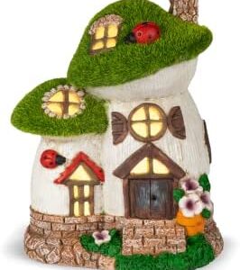 Garden Mushroom Fairy House With Ladybug | Solar Powered | Waterproof Outdoor & Indoor Resin Ornament Statue | Decorations Yard & Patio Light | M&W