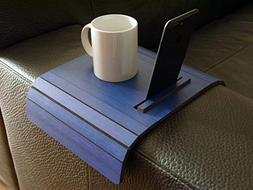 Wooden flexible sofa table for armrest with smartphone and tablet stand in many colors as stone grey Small slinky over the couch side tables Narrow folding dining settee arm tray Armchair trays server - Image 9