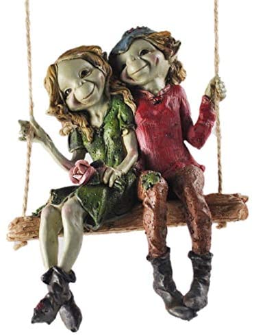 Fiesta Studios Pixie Couple Hanging Swing, Sculpture Magical Mystery Garden Decor Figurines Elf & Fairy Children, Height 12cm