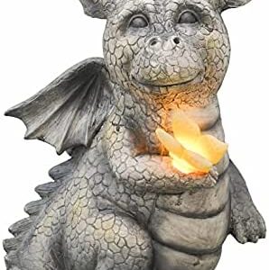 TERESA'S COLLECTIONS Dragon Garden Ornaments with Solar Powered Lights, Resin Stone Finished Outdoor Dinosaur Figurines Siting Baby Dragon for Patio Lawn Yard Decorations, 23cm