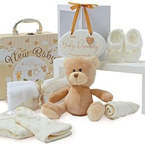 Newborn Unisex Baby Gift Set - Hand Packed Unisex Hamper Styled as a Case with Teddy Bear, Knitted Booties, Bib, Hat, Muslin Cloth and Hanging Plaque