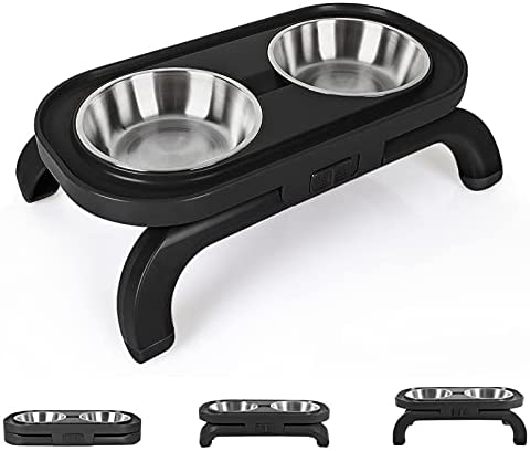 Elevated Dog Cat Bowls Stainless Steel Bowls, Adjustable Stand Raised Pet Feeding Bowl for Cats and Small Dog, Self-Setting Cat Food Bowl with 15° Tilted Elevated Food Feeding Bowl Set (Black)