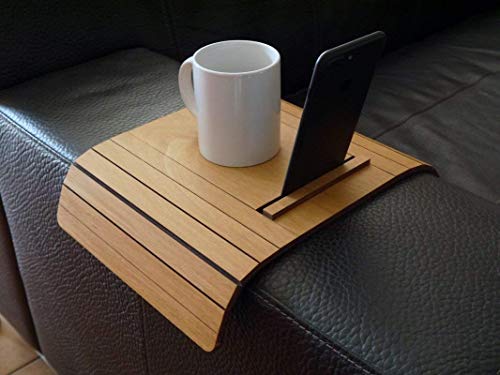 Wooden flexible sofa table for armrest with smartphone and tablet stand in many colors as stone grey Small slinky over the couch side tables Narrow folding dining settee arm tray Armchair trays server - Image 6