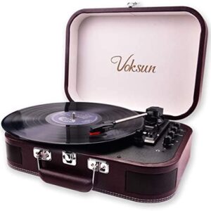 Record Player, VOKSUN Portable Bluetooth Vinyl Turntable with Built-in Stereo Speakers, 3-Speed Belt-Drive Suitcase Vinyl LP Player, Supports Vinyl to MP3 Recording, AUX/USB/RCA/Headphone Jack