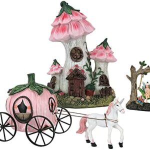LA JOLIE MUSE Resin Fairy Garden-Miniature Floral Roof Cottage with Solar LED Lights, Fairy House Figurine Set of 3 with Carriage, Outdoor Decor for Patio Yard Lawn