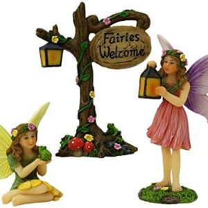 PRETMANNS Fairy Garden Fairies Accessories – 2 Miniature Fairy Figurines & Fairies Welcome Sign – Fairy Garden Supplies 3 Piece Set
