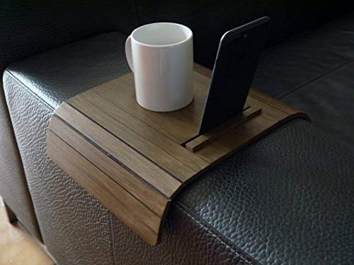 Wooden flexible sofa table for armrest with smartphone and tablet stand in many colors as stone grey Small slinky over the couch side tables Narrow folding dining settee arm tray Armchair trays server - Image 5