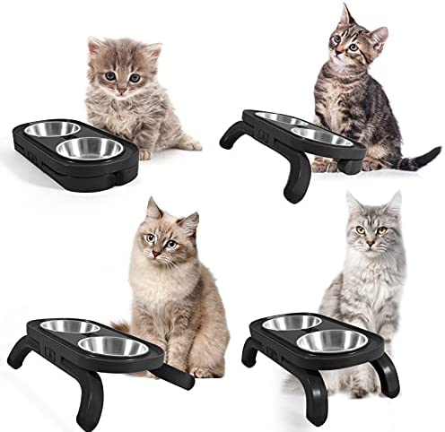 Elevated Dog Cat Bowls Stainless Steel Bowls, Adjustable Stand Raised Pet Feeding Bowl for Cats and Small Dog, Self-Setting Cat Food Bowl with 15° Tilted Elevated Food Feeding Bowl Set (Black) - Image 6