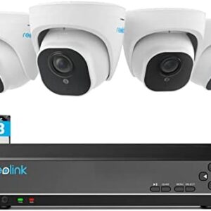 Reolink 4K Security Camera System, 4pcs H.265 4K PoE Dome Cameras Wired with Person Vehicle Detection, 8MP 8CH NVR with 2TB HDD for 24-7 Recording, RLK8-800D4-A