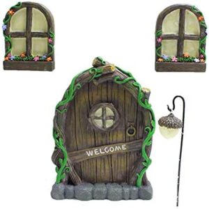 Miniature Fairy Tree Door with Two Glow Windows, Waterproof Door and Windows Tree Statues Mystical Garden Glow Sculptures for Yard Lawn Art Decoration