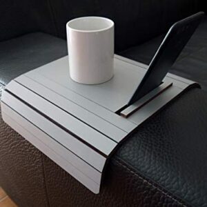 Wooden flexible sofa table for armrest with smartphone and tablet stand in many colors as stone grey Small slinky over the couch side tables Narrow folding dining settee arm tray Armchair trays server