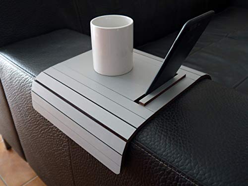 Wooden flexible sofa table for armrest with smartphone and tablet stand in many colors as stone grey Small slinky over the couch side tables Narrow folding dining settee arm tray Armchair trays server