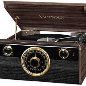 Victrola Empire Junior 4-in-1 Wood Vintage Bluetooth Record Player with 3-Speed Turntable, FM Radio, Built-in Speakers and RCA Line Out, Expresso
