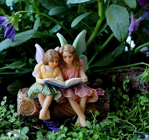 PRETMANNS Fairy Garden Fairies – 2 Sister Fairy Figurines sitting on a Stump Reading a Book – 1 piece – Fairy Garden Supplies - Image 7