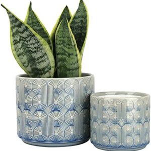 LA JOLIE MUSE Ceramic Planter Set of 2 - Greece Style Embossed Flower Pot with Drain Hole for Indoor, with Classic Scrolls Pattern, Peacock Blue