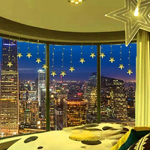28LED Star Icicle Lights,Fairy Lights Design for Porch Window Curtain Decoration (Warm White LED White Cable) - Image 4