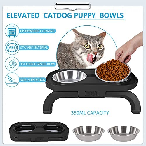 Elevated Dog Cat Bowls Stainless Steel Bowls, Adjustable Stand Raised Pet Feeding Bowl for Cats and Small Dog, Self-Setting Cat Food Bowl with 15° Tilted Elevated Food Feeding Bowl Set (Black) - Image 5