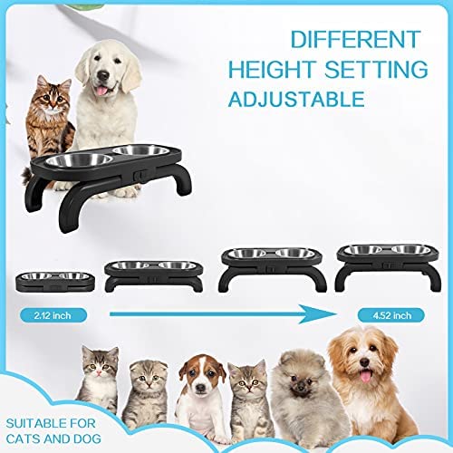 Elevated Dog Cat Bowls Stainless Steel Bowls, Adjustable Stand Raised Pet Feeding Bowl for Cats and Small Dog, Self-Setting Cat Food Bowl with 15° Tilted Elevated Food Feeding Bowl Set (Black) - Image 2